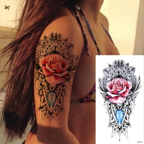 Pink Rose Flowers Temporary Tattoo Fake Press Sticker Women Mens Sleeve Gem