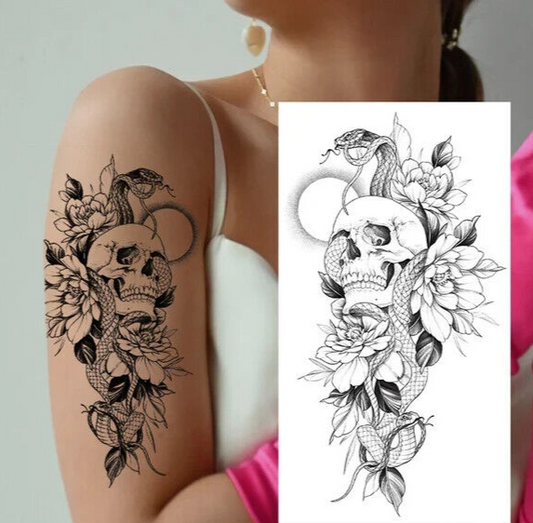 Skull Snake Flowers Temporary Tattoo Womens Mens Arm Fake Sticker Leg Thigh