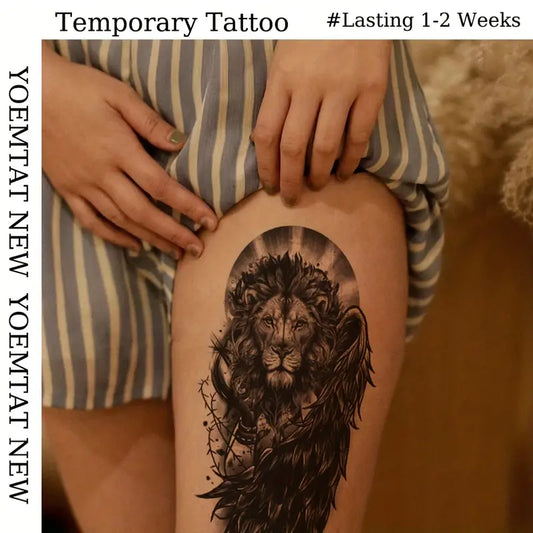 Lion Feathers Girl Wire Mens Womens Temporary Tattoo Fake Tattoos Waterproof