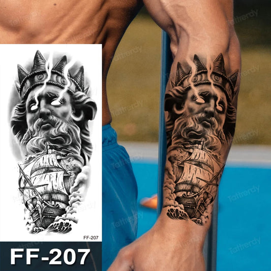 Poseidon Greek God galleon Mens Womens Temporary Tattoo Fake Tattoos Waterproof