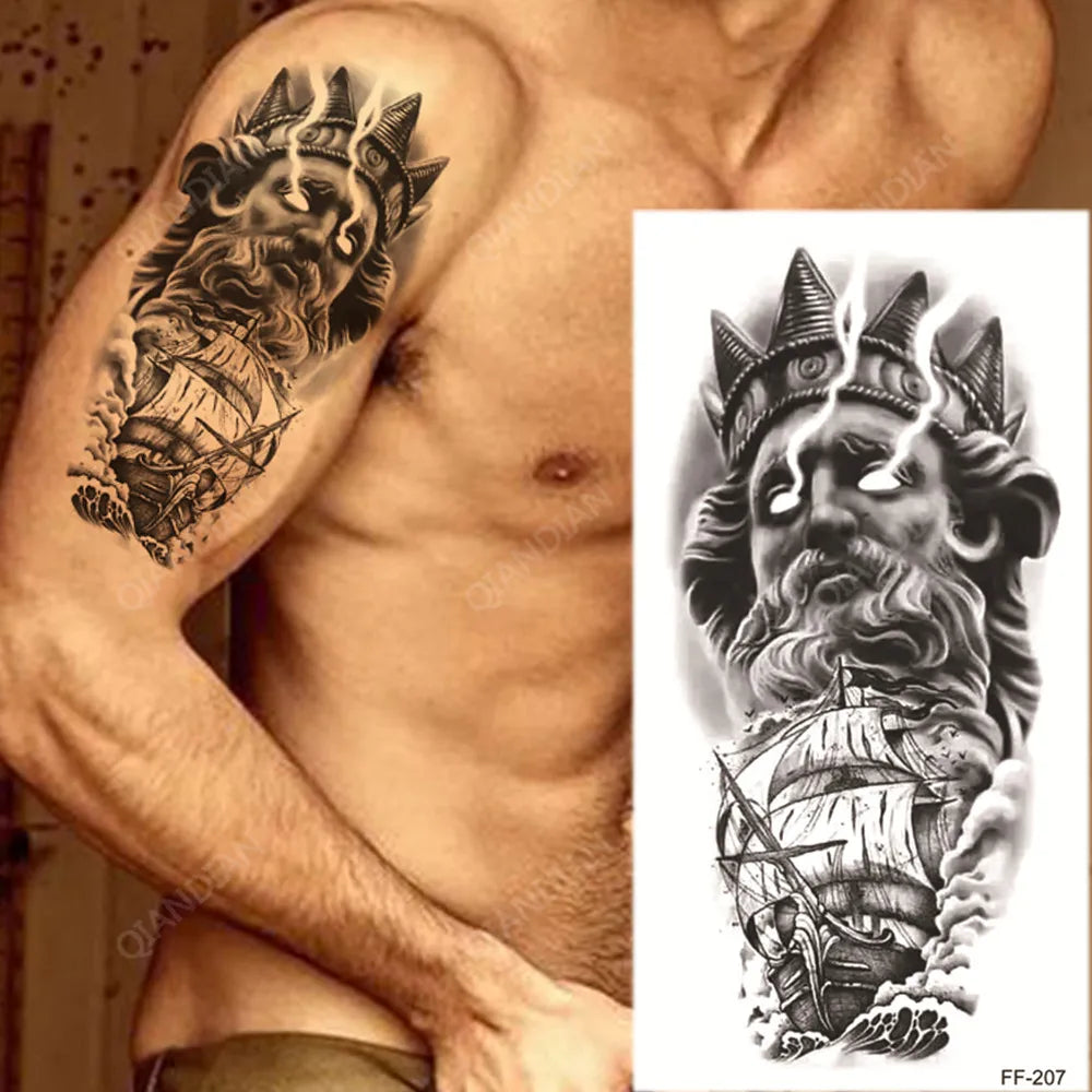 Poseidon Greek God galleon Mens Womens Temporary Tattoo Fake Tattoos Waterproof