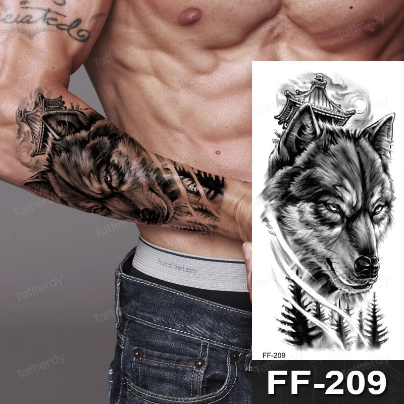 Wolf Temple Forest Mens Womens Temporary Tattoo Fake Tattoos Waterproof