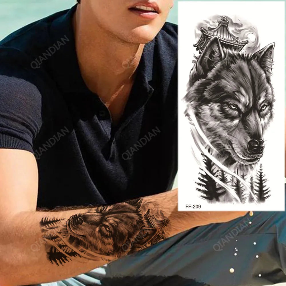 Wolf Temple Forest Mens Womens Temporary Tattoo Fake Tattoos Waterproof