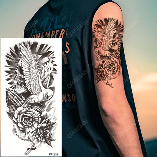 Death Dove Pray Flowers Mens Womens Temporary Tattoo Fake Tattoos Waterproof