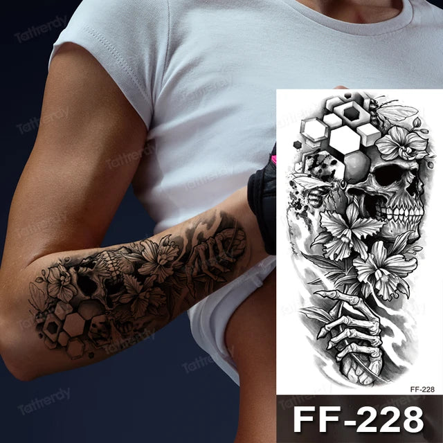 Skeleton Flower Bee Mens Womens Temporary Tattoo Fake Tattoos Waterproof