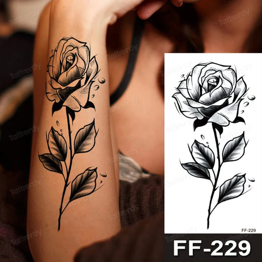 Black Rose Flower Temporary Tattoo Mens Womens Fake Tattoos Waterproof Sticker