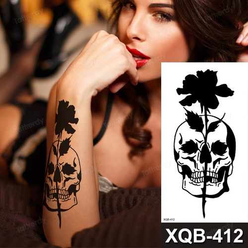 Solid Black Skull Rose Flower Temporary Tattoo Fake Sticker Womens Mens tattoos