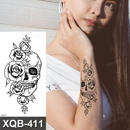 Skull Roses Flowers Temporary Tattoo Fake Press Sticker Womens Mens Tattoos Body