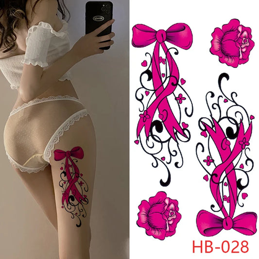 Pink Ribbons Bow Roses Temporary Tattoos Womens Leg Tattoo Waterproof Sexy Arm