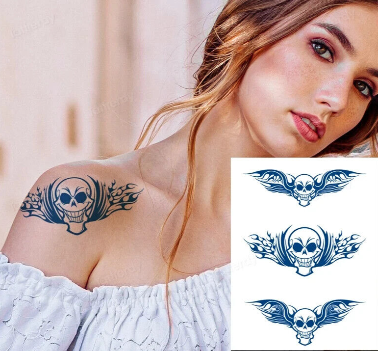 Skulls SEMI PERMANENT Tattoos Natural Long Lasting Mens Womens Waterproof Wings