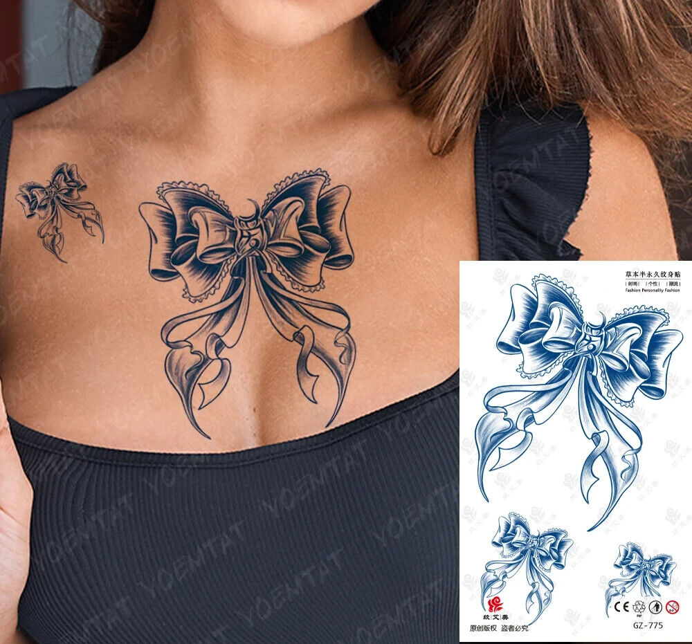 Sexy Bow Womens SEMI PERMANENT Temporary Tattoos Chest Arm Natural Long Lasting