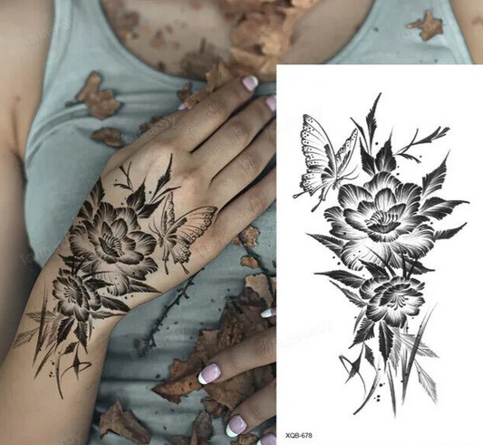 Butterfly & Flowers Temporary Tattoo Womens Tattoos Girls Arm Leg Hand