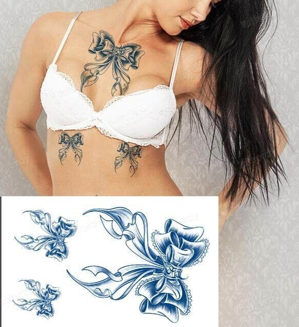 Sexy Bow Womens SEMI PERMANENT Temporary Tattoos Chest Arm Natural Long Lasting