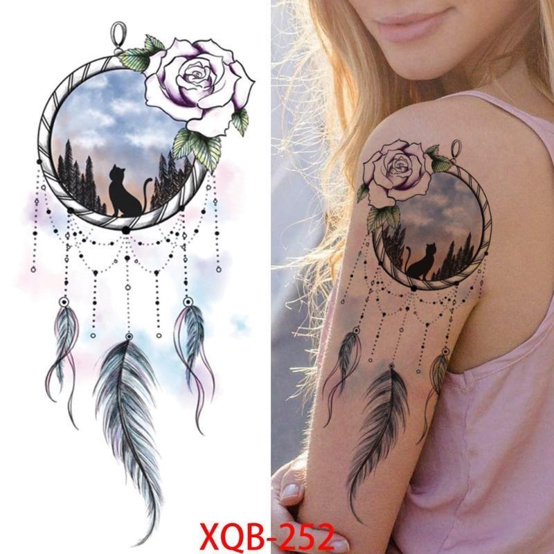 Dream Catcher Tattoo Cat Rose Fake Temporary Tattoos Sticker Womens Feather