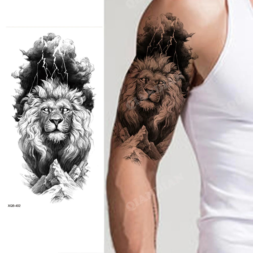 Spiritual Lightning Lion Mens Temporary Tattoo Arm Fake Press Sticker Womens Leg