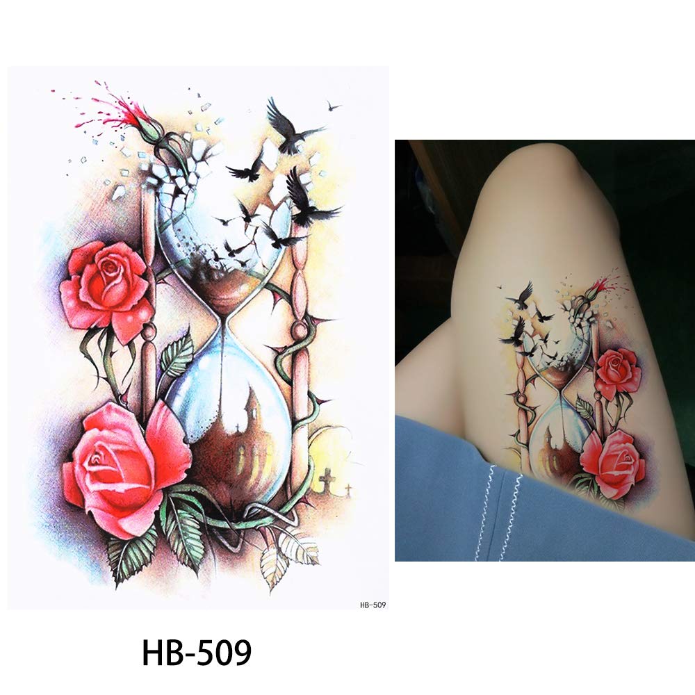 Hourglass Roses Birds Temporary Tattoo Waterproof Womens Fake Sticker Tattoos